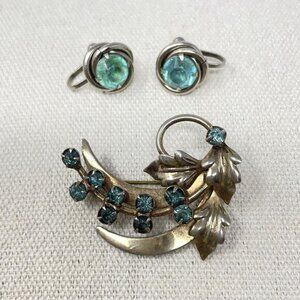 Vintage Silver-Tone Brooch & Earring Set Aqua Stones Leaves Floral‎ Spray Retro